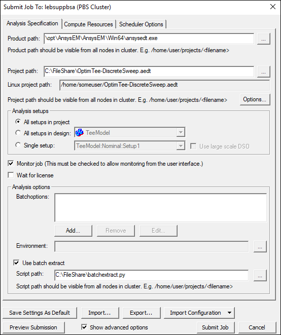 Submit Job To window. Analysis Specification tab. Use batch estraxt option enabled, Script Path field filled. 