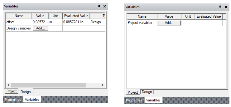 Project Variables Window 