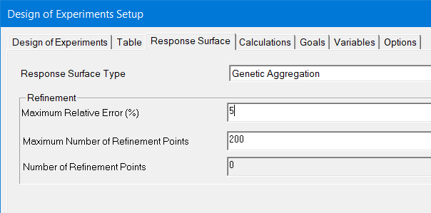 Design of Experiment Setup dialog. Response Surface tab.