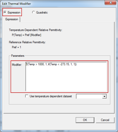 Edit Thermal Modifier window. Expression selected, parameter user input box highlighted.