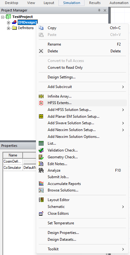Project Manager Window > Project Tree > Active Design > HFSS Extents