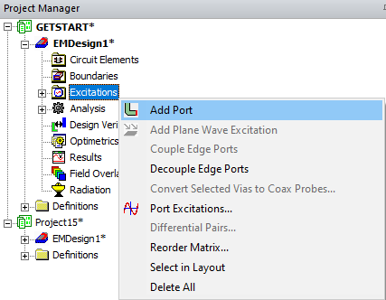 Project Manager > Project Tree > Active Design Folder > Excitations > Add Port Project Manager > Project Tree > Active Design Folder > Excitations > Add Port