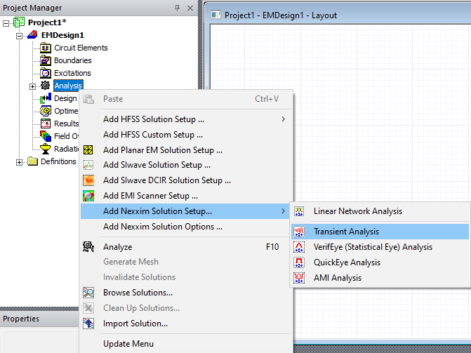 Analysis > Add Nexxim Solution Setup ... > Transient Analysis