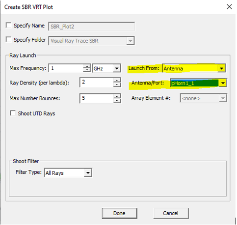 Create SBR VRT Plot Dialog. Launch From field set to Antenna, Antenna/Port field set to pHorn1_1.