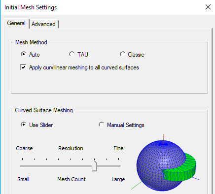 Initial Mesh Settings dialog. General tab.