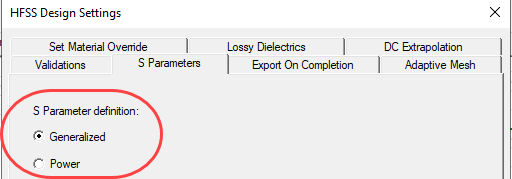 HFSS Design Settings window, S Parameter definition highlighted.