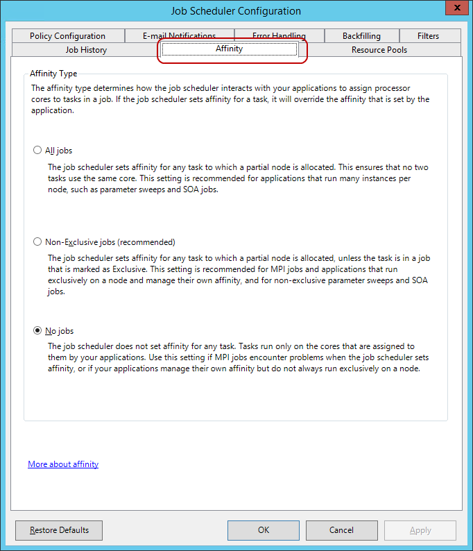 Job Schedular Congfiguration dialog. Affinity tab.