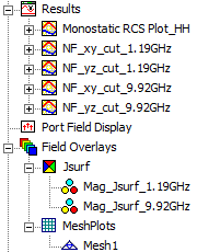 predefined reports, fields overlays, and mesh overlay in the project manager for the first design