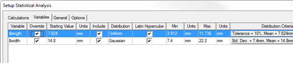 Setup Statistical Analysis window. Variables table open.