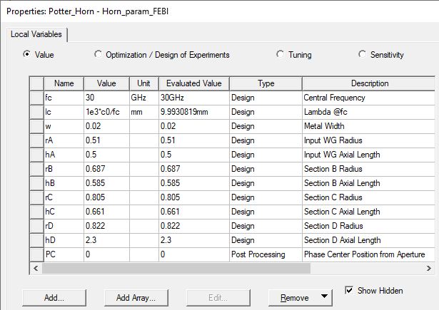 Properties Dialog. Local Variables tab, Parameters listed.