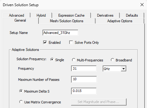 Driven Solution Setup dialog box, General tab