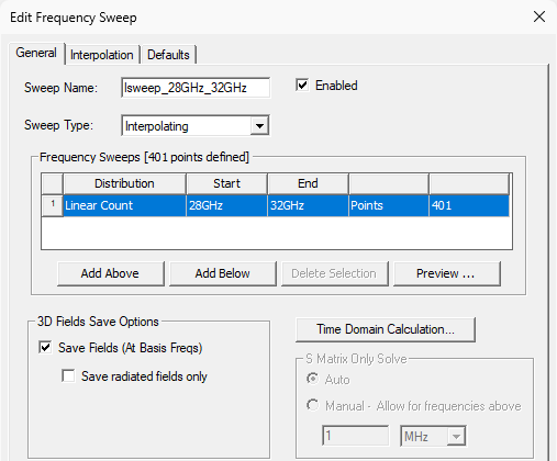 Edit Frequency Sweep dialog box