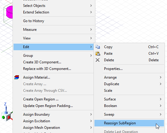 Edit menu, Reassing Subregion option highlighted.