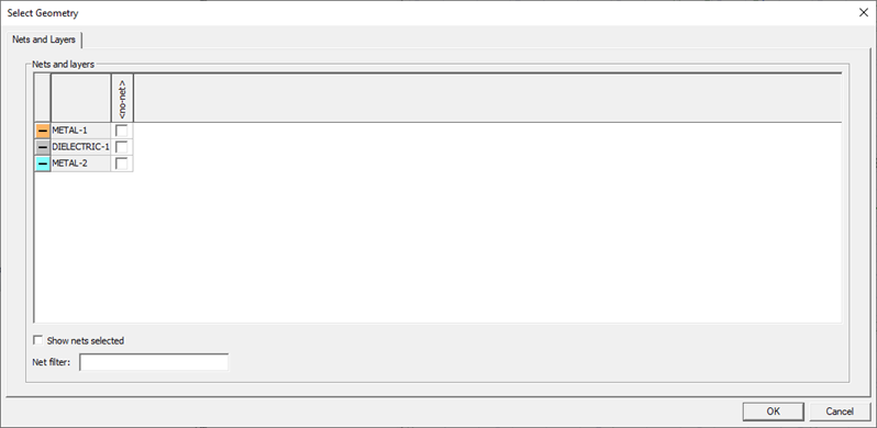 Select Geometry dialog, Nets and Layers tab.