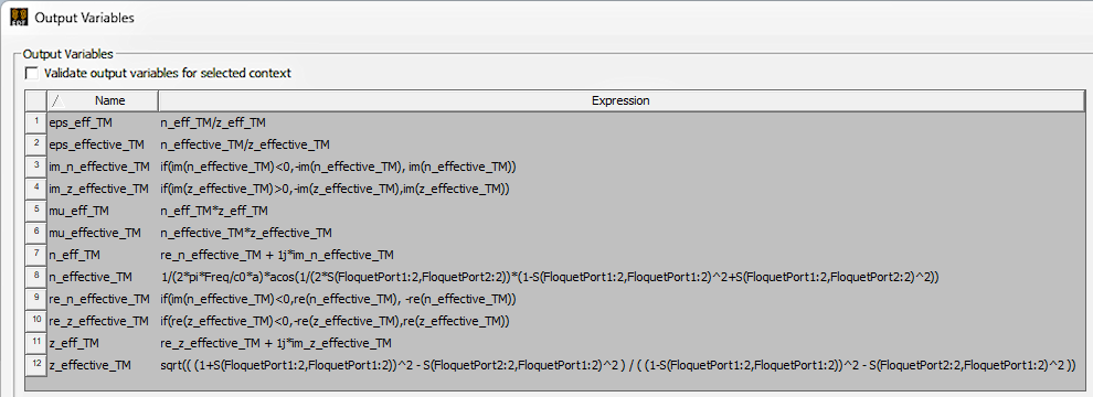 Output variable dialog box   showing the list of equations used for the extracted equivalent material parameters