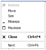 Pop Up Menu. Lists Move, Size, Minimize, Maximize, Close, Next