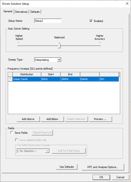 Driven Solution Setup dialog, General tab. 