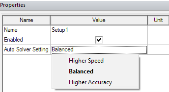 Properties window. Auto Solver Setting drop-down menu expanded, Balanced option highlighted.