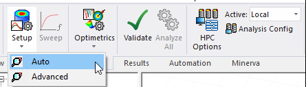Setup drop-down menu, Auto option highlighted.