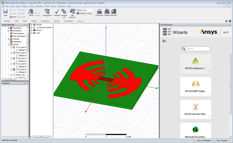 Modeler window displaying antenna model and project tree.