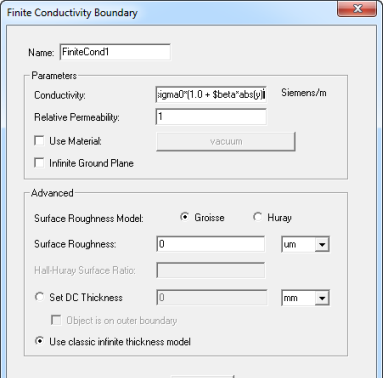 Finite Conductivity Boundary dialog.