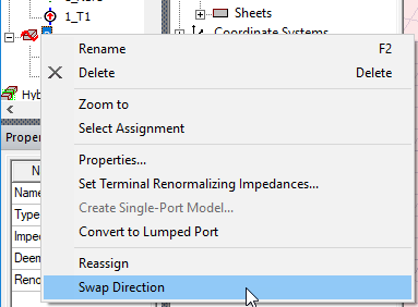 Circuit Port shortcut menu, Swap Direction option highlighted.