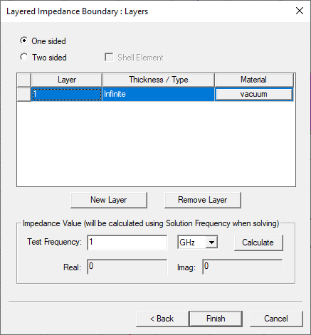 Layered Impedance Boundary: Layers dialog. One Sided option enabled.