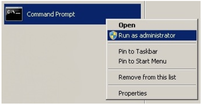 Command Prompt shortcut menu, Run as administrator option highlighted.