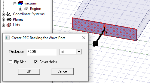 Create PEC Backing for Wave Port dialog.
