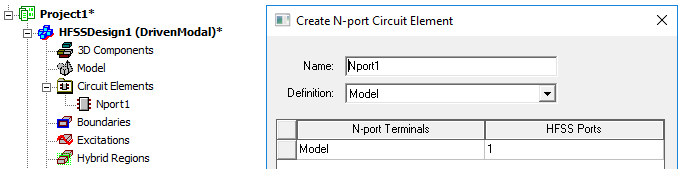 Create N-port Circuit Element dialog.
