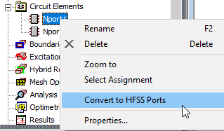NPort shortcut menu. Conver to HFSS Ports option highlighted.