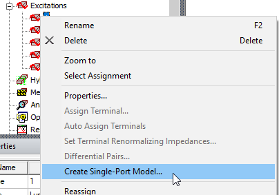 Excitations shortcut menu, Create Single-Port Model option highlighted.