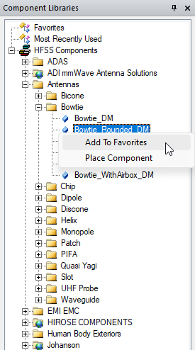 Component right-click menu. Add to Favorites option highlighted.