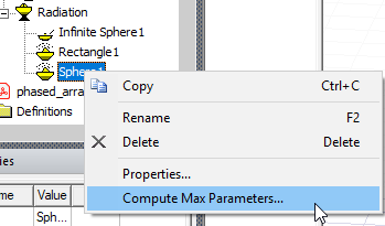 Radiation field shortcut menu, Compute Max Parameters dialog.