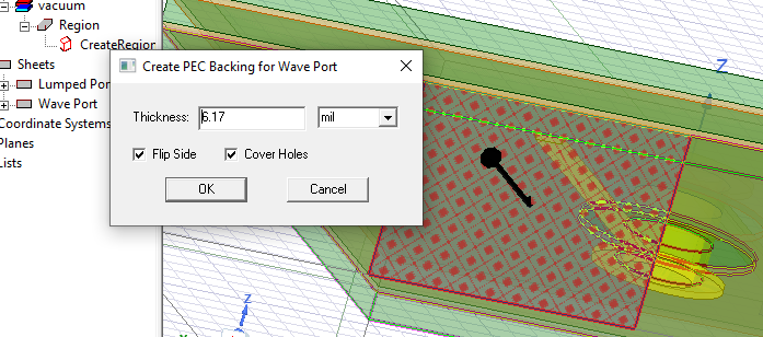 Create PEC Backing for Wave Port dialog. Thickness field defined.