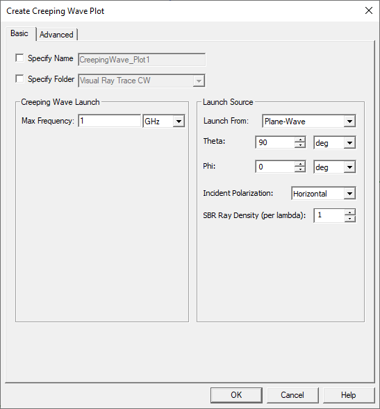 Create Creeping Wave Plot dialog. Basic tab.
