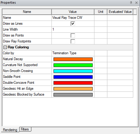 Properties window, Renderinf tab, Ray Coloring properties expanded.
