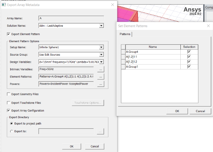 Export Array Metaldata dialog. Set Element Patterns dialog.