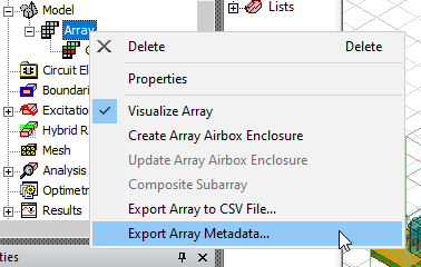 Array shortcut menu. Export Array Metaldata option highlighted.