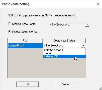 Phase Center Setting dialog. Phase Center per Port option enabled. Port Coordinate system drop-down menu expanded, RelativeCS1 option highlighted.