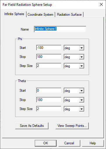 Far Field Radiation Sphere Setup Window
