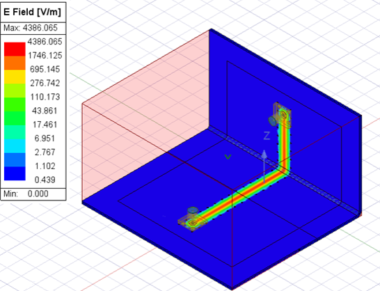 Bent model containing two 3D components. Fields plotted.