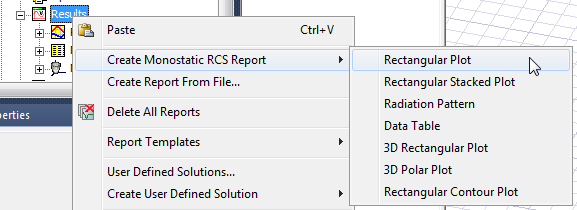 Results shortcut menu, Create Monostatic RCS Report menu option expanded, Rectangular Plot option highlighted.