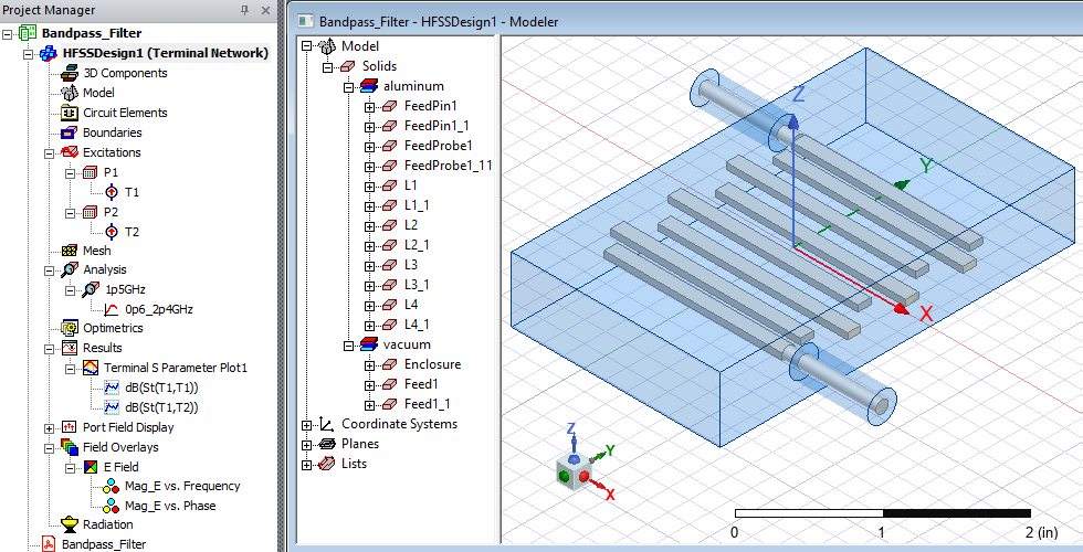 View of the Bandpass Filter model including the Project Manager and History Tree