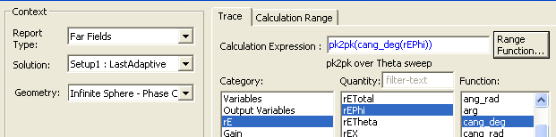 Setup Optimization Dialog. Context group box and trace tab. 