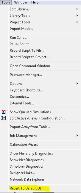 Tools Menu. Revert to Default UI highlighted. 