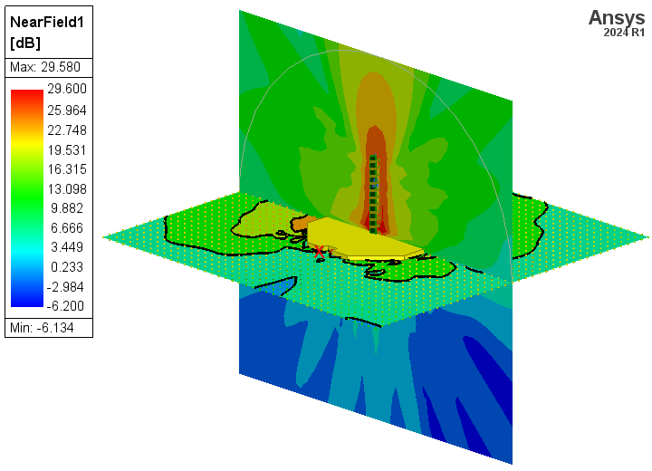 2D contours, near E horizontal and near E vertical, overlaid on model geometry