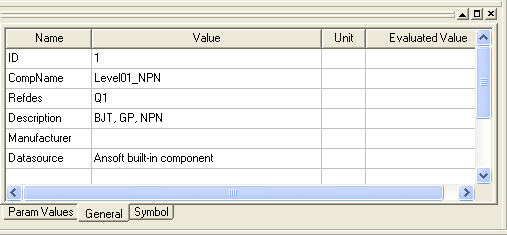 The General tab in the Property Window of AEDT. Lists the ID, symbol name, reference designator, and other data in tabular format. 