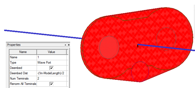 Two wave ports with deembedding distances highlighted.