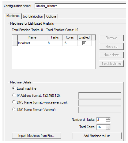 HPC analysis and configuration window. Machines tab. 